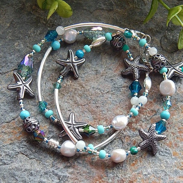 Silver starfish bracelet - silver and blue triple wrap bracelet or necklace - convertible jewelry - under the sea - mermaidcore necklace