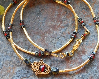 Hamsa bracelet - triple wrap bracelet in red black and gold - hamsa necklace - convertible jewelry - picasso czech glass layering bracelet