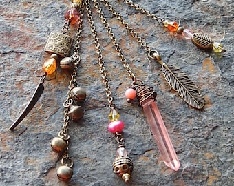 Pink crystal point necklace - long brass feather talisman necklace - fetish necklace - pearl and crystal necklace - bohemian style jewelry