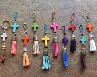 Cross keychain - Stone cross tassel charm - zipper pull - cute car accessory - rearview mirror dangle - key chain - purse charm