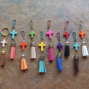 Cross keychain - Stone cross tassel charm - zipper pull - cute car accessory - rearview mirror dangle - key chain - purse charm