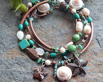 Mermaid jewelry - extra long turquoise bue beaded wrap bracelet - seashell bracelet - starfish necklace - asymmetrical - statement bracelet