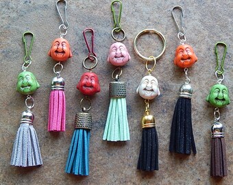 Buddha keychain - Buddha tassel charm - zipper pull - cute car accessory - rear view mirror dangle - key chain - purse charm - clip on