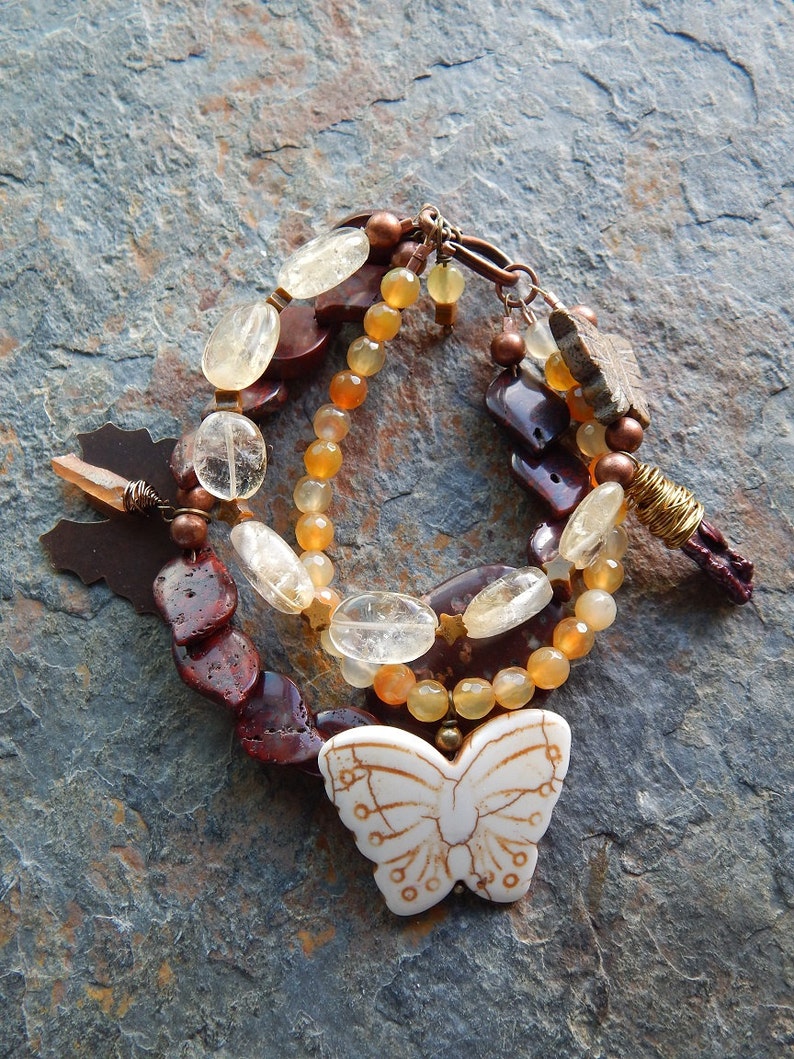 Butterfly bracelet chunky gemstone bracelet woodland agate statement bracelet citrine multistrand bracelet butterflies jasper boho