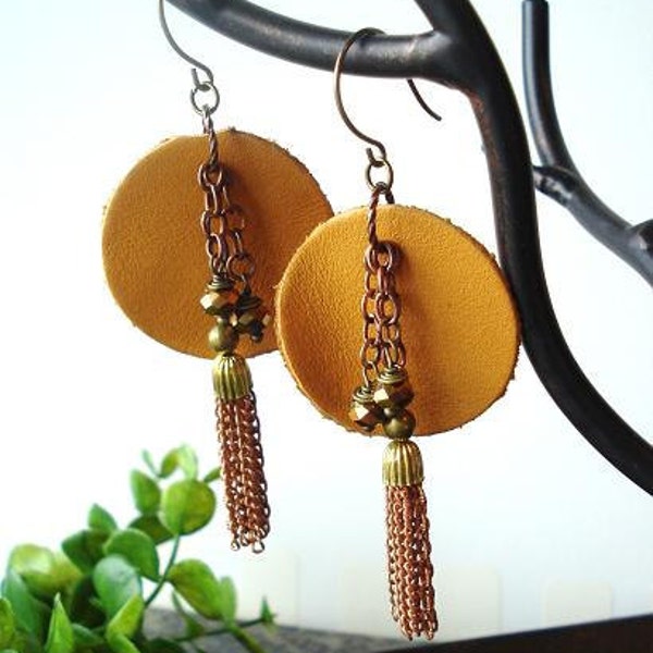 Rustic Leather and Vintage Tassel Earrings, SPICY MUSTARD, bohemian jewelry