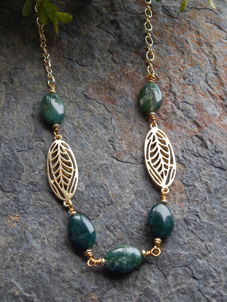 Classic style necklace Jade green agate necklace handmade bead chain necklace long green and gold necklace natural stone necklace image 2