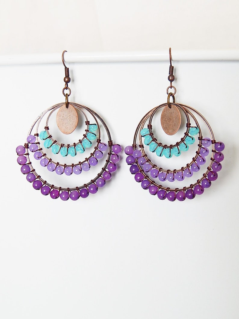 aqua and purple handcrafted bohemian jewelry boho style colorful big gypsy earrings Beaded Hoop earrings wire wrapped hoops