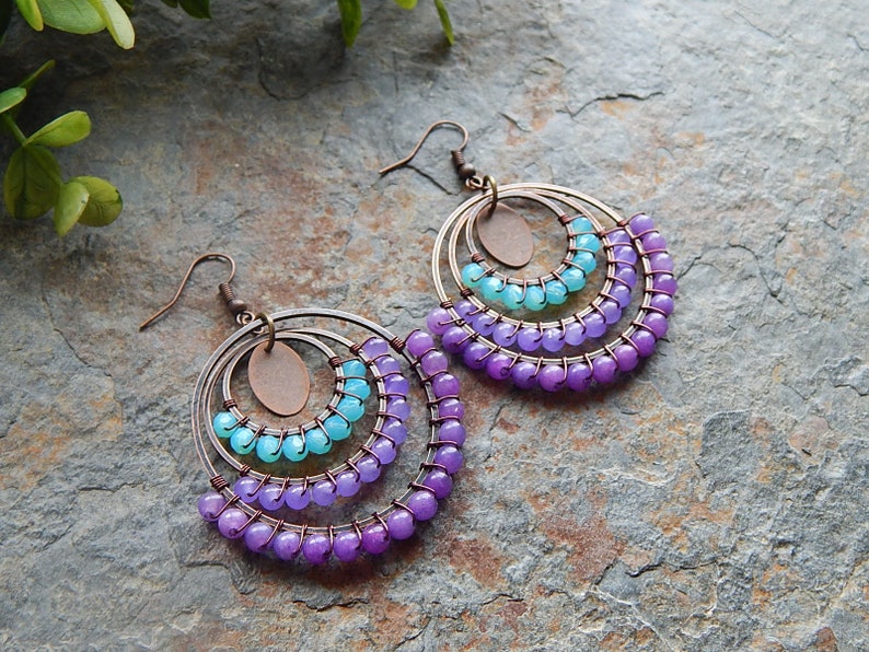 aqua and purple handcrafted bohemian jewelry boho style colorful big gypsy earrings Beaded Hoop earrings wire wrapped hoops