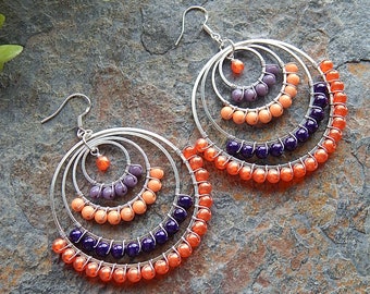 Orange and Purple statement earrings - wire wrapped hoops - Big gypsy style earrings  - chandelier earrings - boho style beaded hoop earring