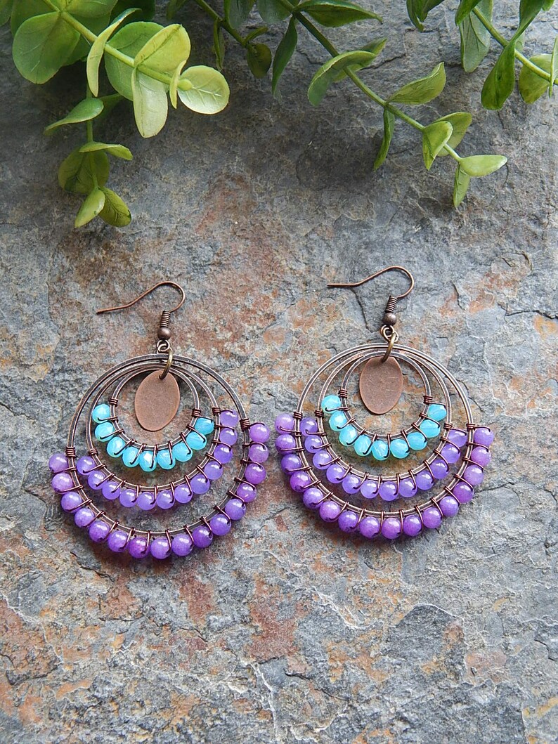 aqua and purple handcrafted bohemian jewelry boho style colorful big gypsy earrings Beaded Hoop earrings wire wrapped hoops