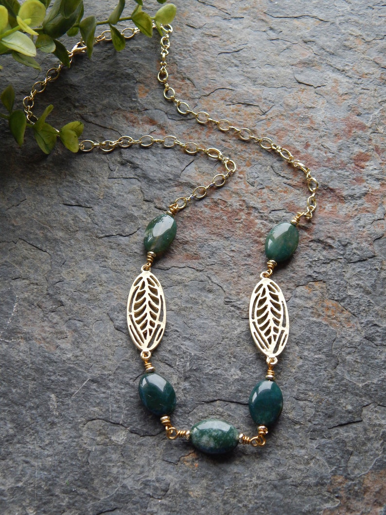 Classic style necklace Jade green agate necklace handmade bead chain necklace long green and gold necklace natural stone necklace image 4