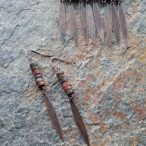 Red creek jasper stacked stone earrings - rustic natural stone boho statement earrings - long antiqued copper bohemian style dangle earring