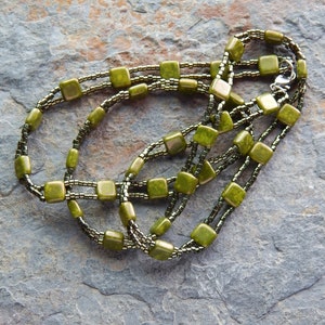 Metallic olive green triple wrap bracelet unisex jewelry picasso czech glass tile and seed bead necklace geometric convertible image 2
