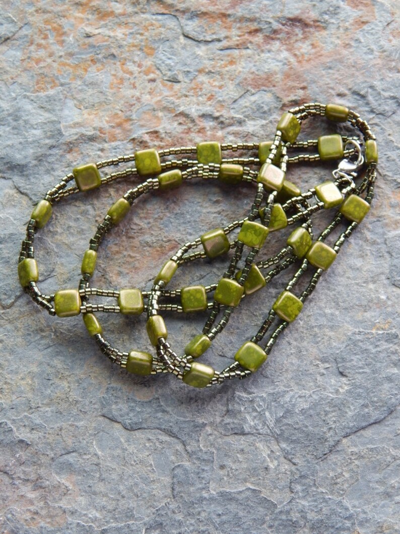 Metallic olive green triple wrap bracelet unisex jewelry picasso czech glass tile and seed bead necklace geometric convertible image 2