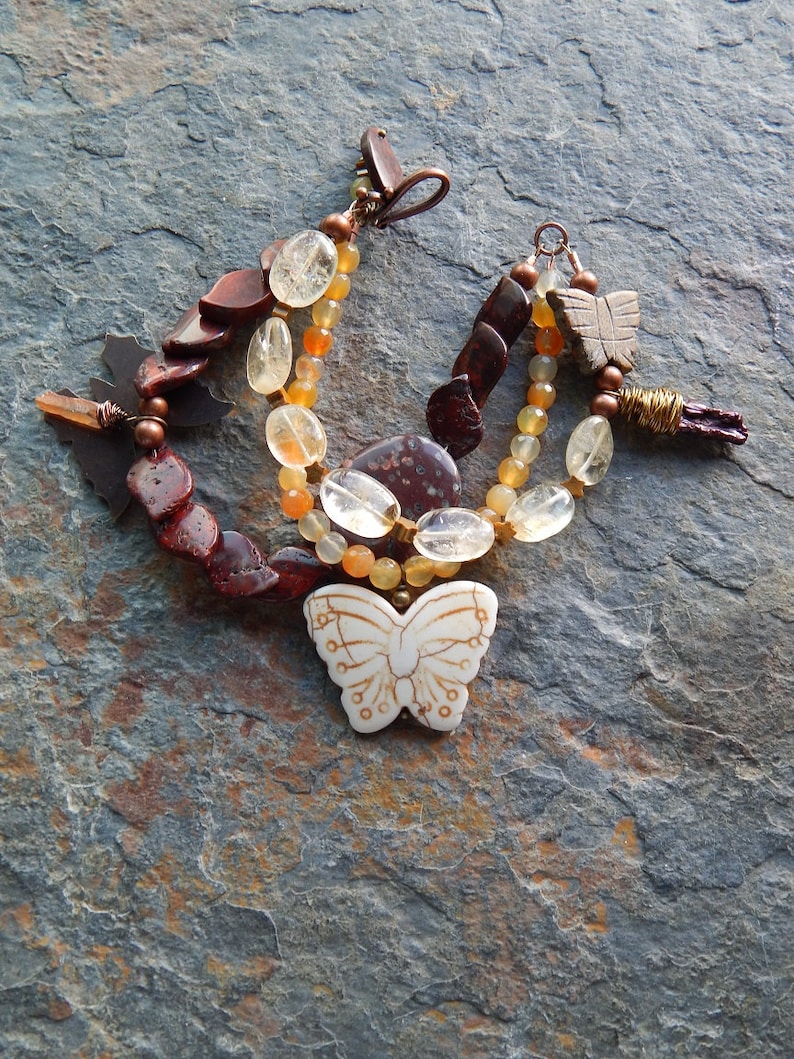 Butterfly bracelet chunky gemstone bracelet woodland agate statement bracelet citrine multistrand bracelet butterflies jasper boho