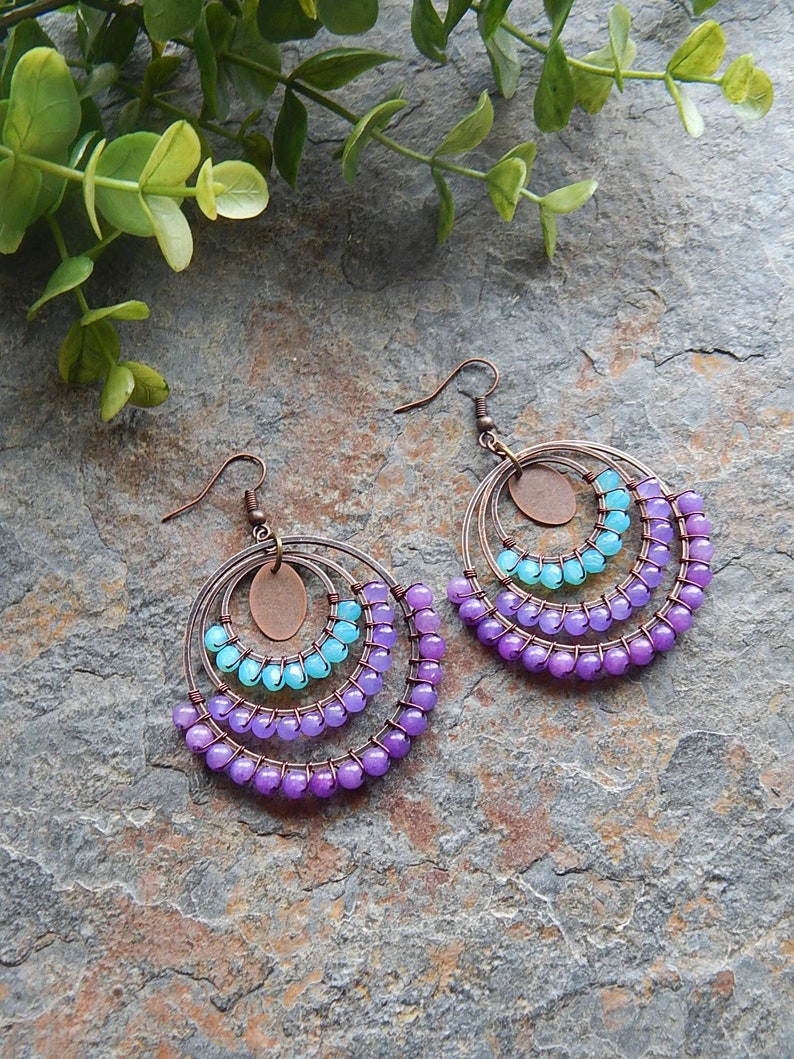 aqua and purple handcrafted bohemian jewelry boho style colorful big gypsy earrings Beaded Hoop earrings wire wrapped hoops