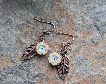 Flower earrings - Beige and turquoise picasso czech glass flowers with copper leaves - flower dangle earrings  - boho - inspired by nature