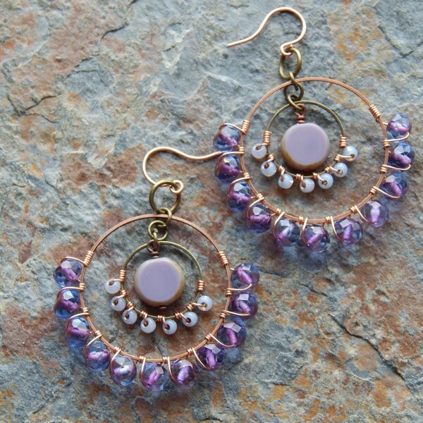 Beaded Hoop earrings, gypsy earrings ,Chandelier earrings, lavender, periwinkle, boho statement earring,  wire wrapped jewelry