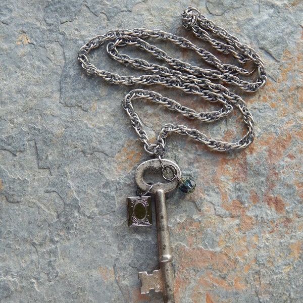 Skeleton Key necklace gunmetal locket necklace vintage key jewelry rustic memento necklace grungy old key stamped number three