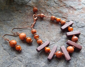 Wood and shell jewelry set - brown beaded bracelet and matching earrings - earthy - boho style wooden bracelet with copper accents