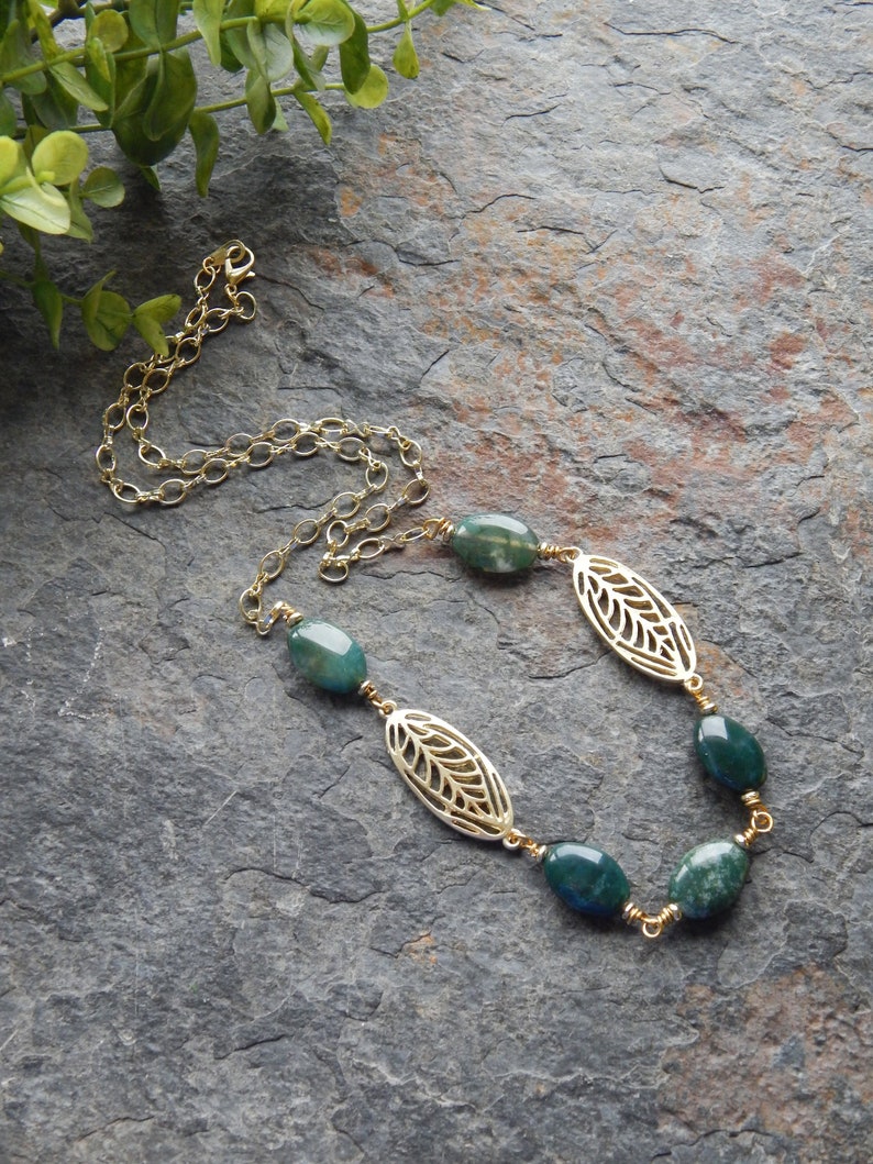 Classic style necklace Jade green agate necklace handmade bead chain necklace long green and gold necklace natural stone necklace image 1