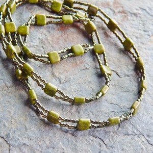 Metallic olive green triple wrap bracelet unisex jewelry picasso czech glass tile and seed bead necklace geometric convertible image 4