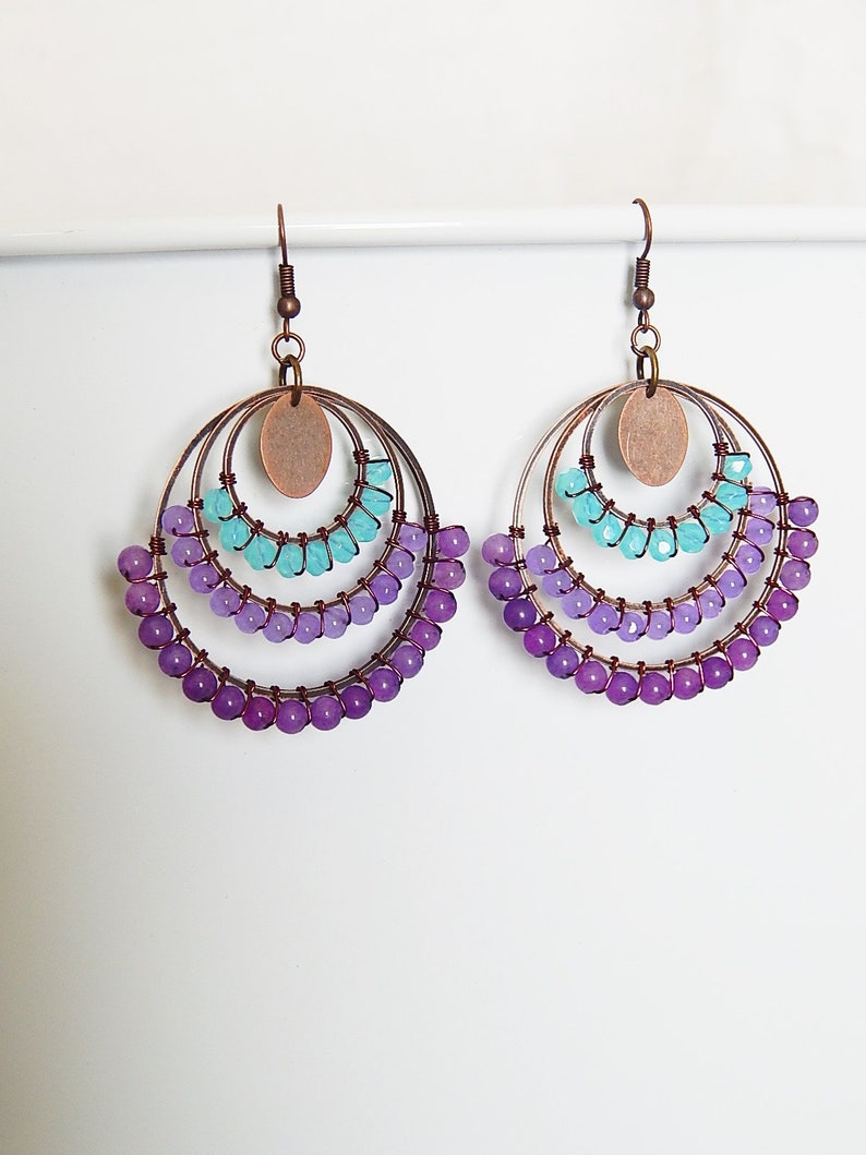 aqua and purple handcrafted bohemian jewelry boho style colorful big gypsy earrings Beaded Hoop earrings wire wrapped hoops