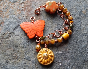 Butterfly bracelet, multi strand bracelet, woodland fantasy, statement bracelet, chunky bracelet, indie, boho, orange,yellow, butterflies