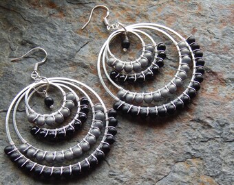 Beaded Hoop earrings - wire wrapped hoops - matte black and matte gray - chandelier earrings - statement earrings - big black boho earrings