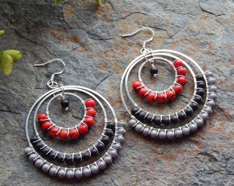 Black red and gray beaded hoop earrings  - gypsy style chandelier earrings - silver wire wrapped boho style jewelry