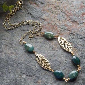 Classic style necklace Jade green agate necklace handmade bead chain necklace long green and gold necklace natural stone necklace image 5