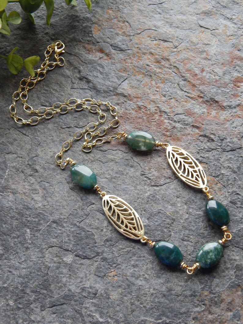 Classic style necklace Jade green agate necklace handmade bead chain necklace long green and gold necklace natural stone necklace image 5