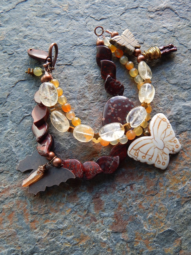 Butterfly bracelet chunky gemstone bracelet woodland agate statement bracelet citrine multistrand bracelet butterflies jasper boho