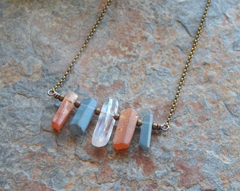 Crystal bar necklace - crystal point choker necklace - rustic boho layering necklace - peach and grey rough crystal statement necklace