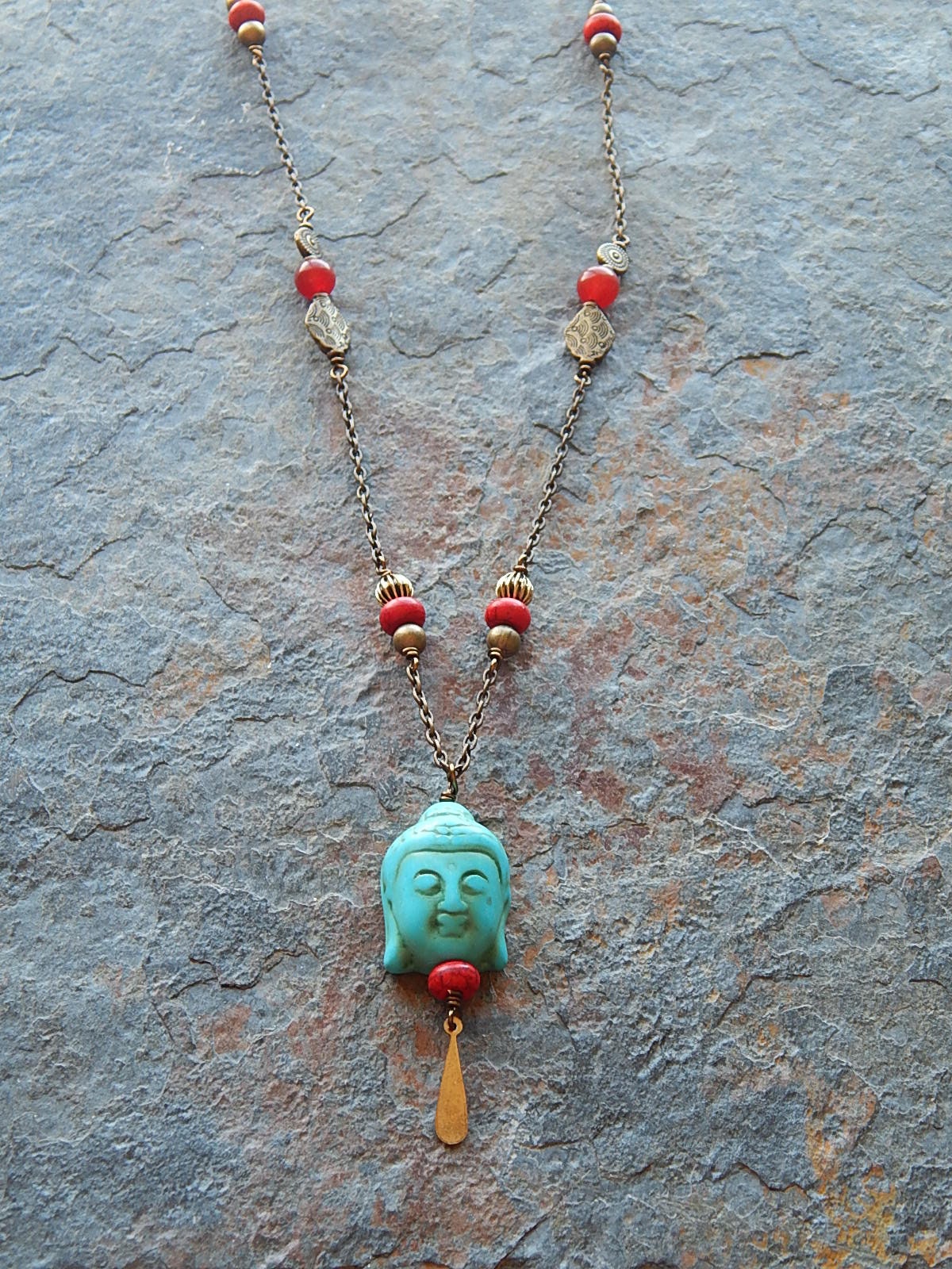Buddha necklace Long beaded chain necklace in turquoise and Etsy