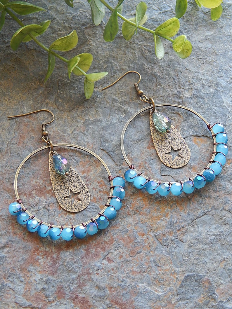 Beaded Hoop Earrings Wire Wrapped Hoops Big Blue Beaded Etsy