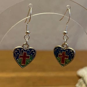 Tree of life Drop Earrings | Heart Shaped | Tree of Life colours Blue + Green with a Brown Cross and Hypoallergenic Silver Hooks | UK Seller