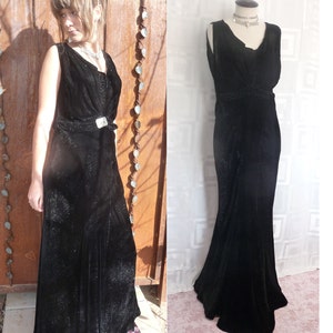 30s Dress Black Silk Velvet Sparkle Vintage Evening Gown with Spectacular Draping