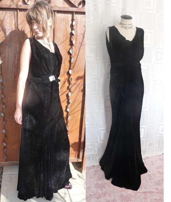 30s Dress Black Silk Velvet Sparkle Vintage Evenin