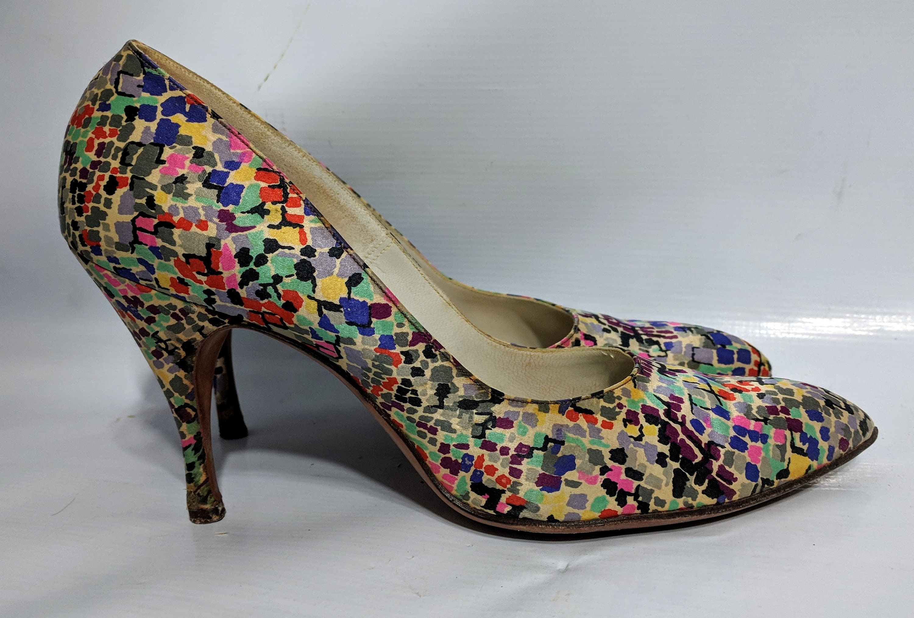 Vintage 60s Mod Multi Color Colorblock Satin Heels Pumps Shoes Op Art ...