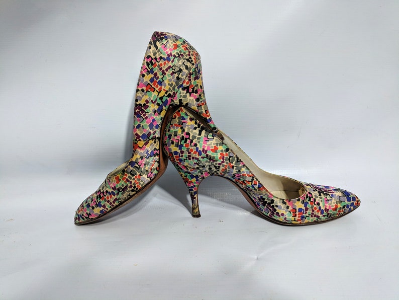 Vintage 60s Mod Multi Color Colorblock Satin Heels Pumps Shoes Op Art ...