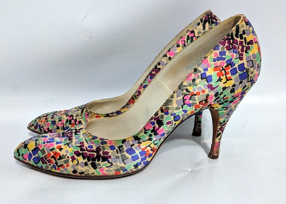 Vintage 60s Mod Multi Color Colorblock Satin Heel… - image 2