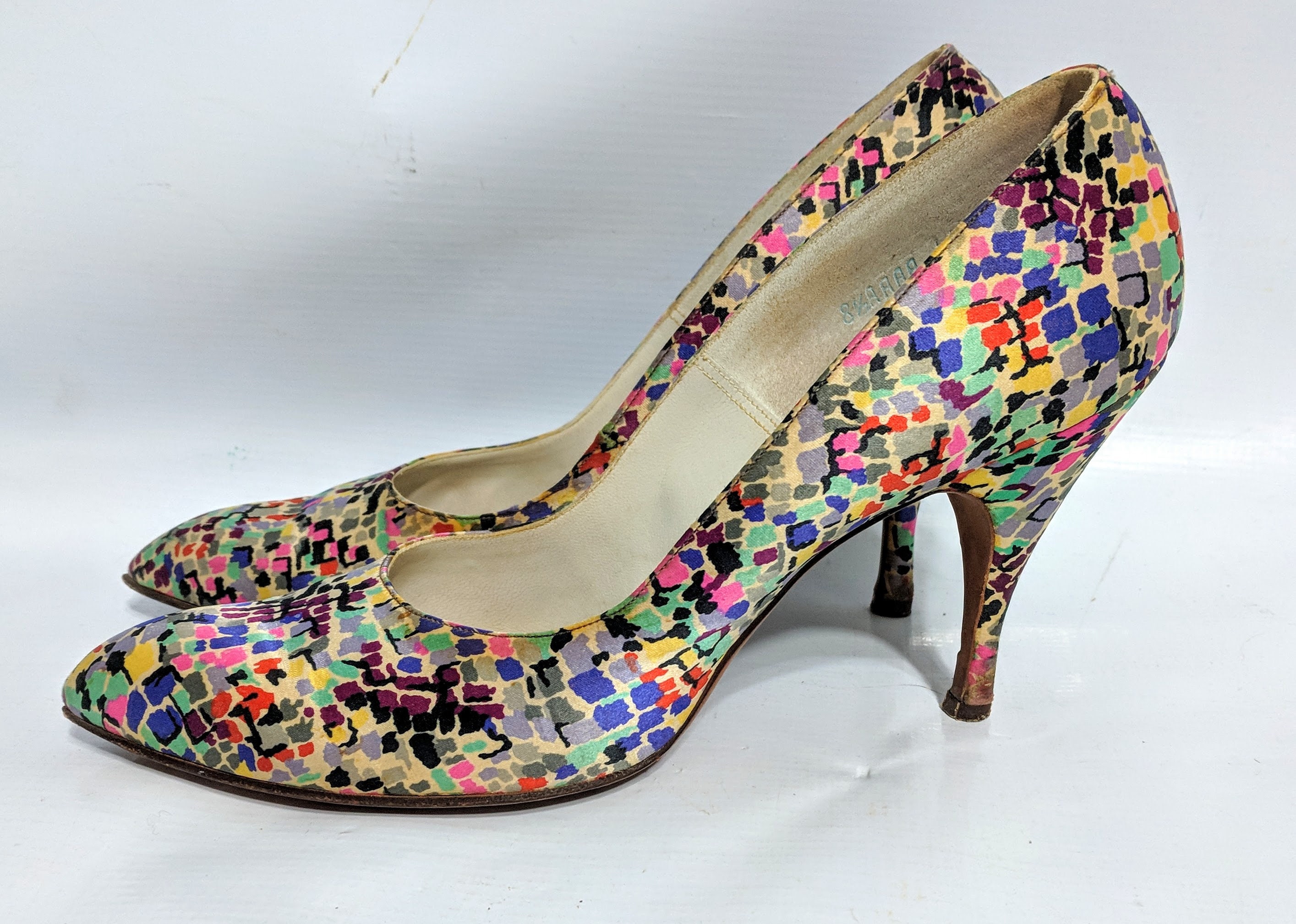 Vintage 60s Mod Multi Color Colorblock Satin Heels Pumps Shoes Op Art ...