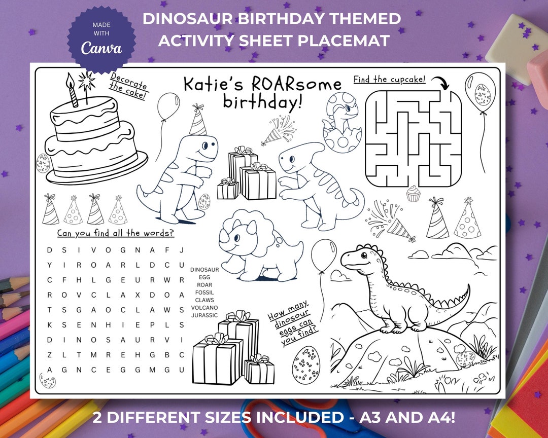 Birthday Dinosaur Colouring Page | Activity Sheet Placemat for Kids ...