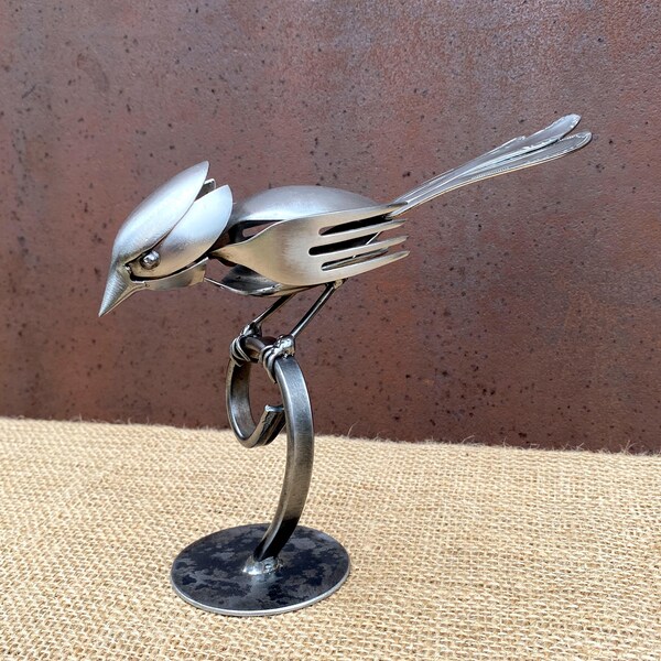 Handmade Metal Bird Sculpture on Stand – Steampunk Industrial Art Bird Figurine Made From Spoon