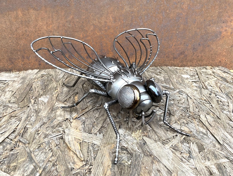 Industrial Metal Fly Sculpture: Handmade Recycled Art, Steampunk Decor ...