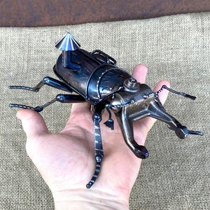 Steampunk Stag Beetle Sculpture: Handmade Recycled Metal Insect Art