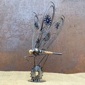 View of Metal Dragonfly Sculpture on Stand: Handmade Art With Intricate Wings ...
