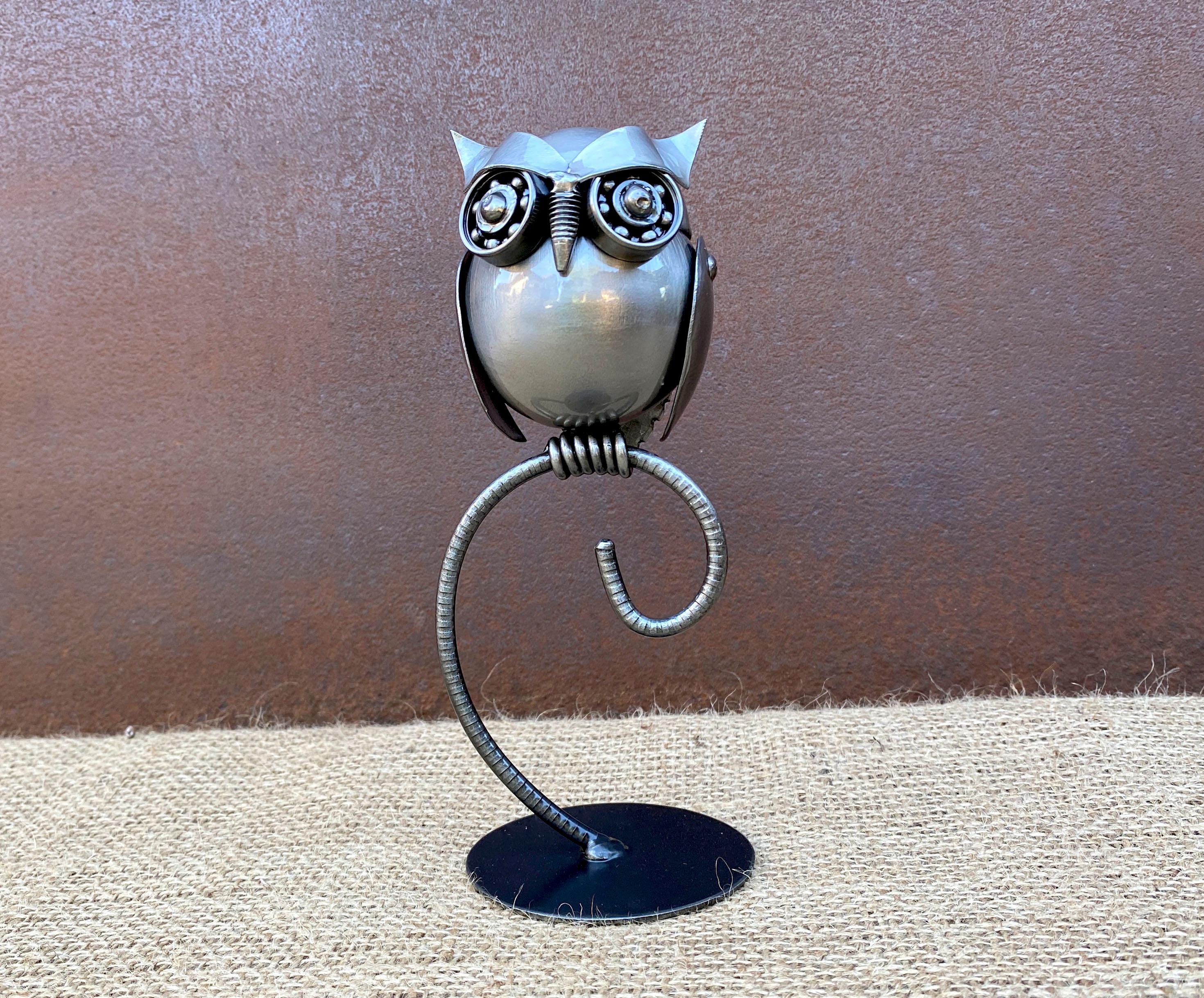 Metal Owl Sculpture on Stand – Handmade Industrial Art Figurine, Metal Art Bird