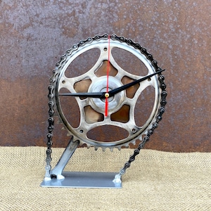 Bike Gear Clock Handmade Metal Art Desk Clock, Recycled Bicycle Sprocket, Steampunk Clock, Industrial Decor, Unique Gift for Cyclists & Home